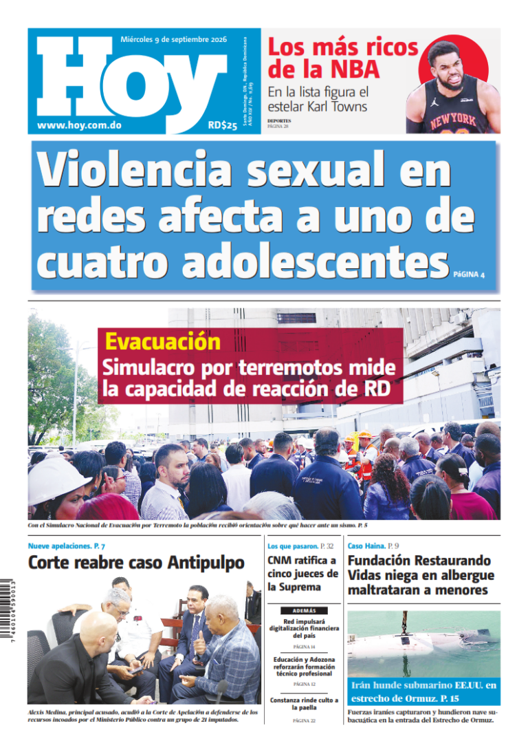 Portada Periódico Hoy, Miércoles 9, Septiembre 2026