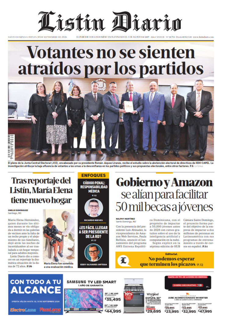 Portada Periódico Listín Diario, Jueves 10, Septiembre 2026