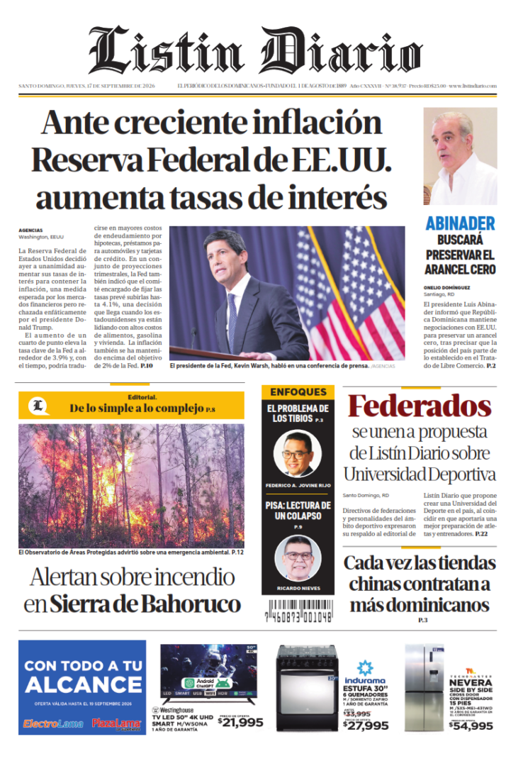 Portada Periódico Listín Diario, Jueves 17, Septiembre 2026