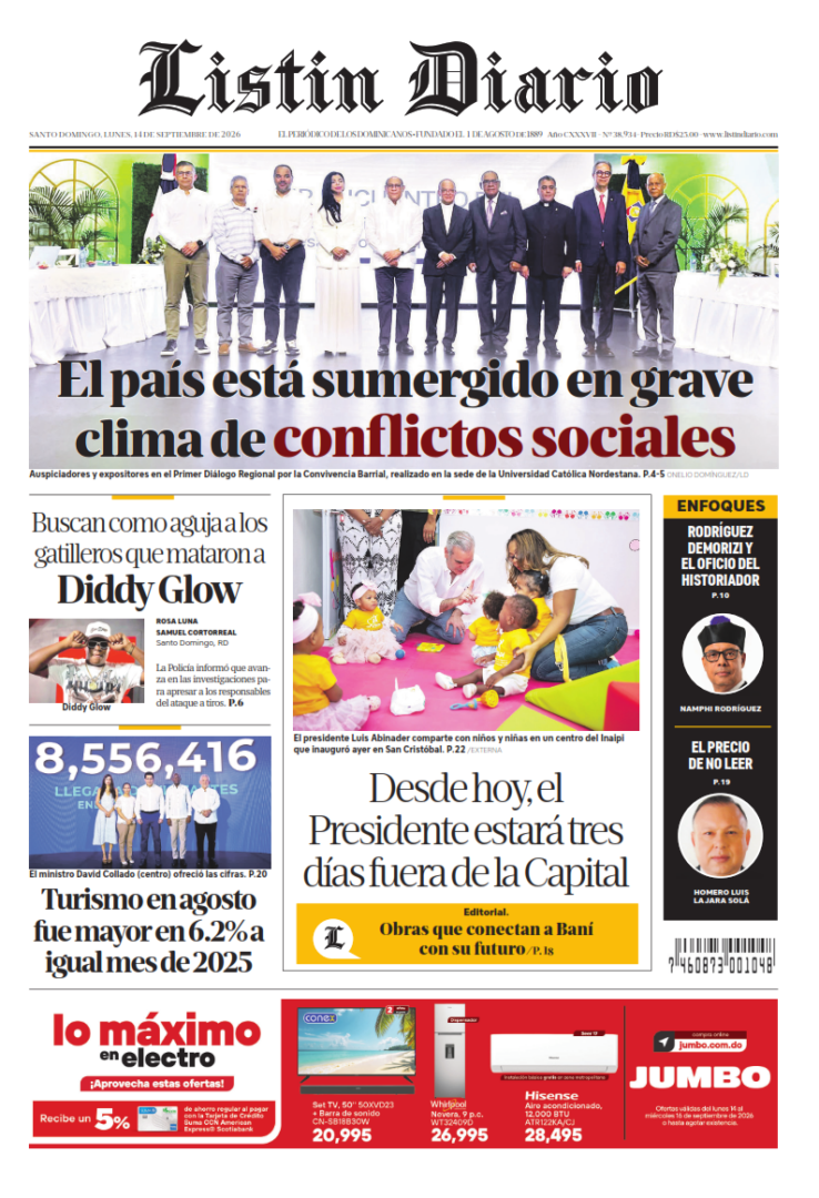 Portada Periódico Listín Diario, Lunes 14, Septiembre 2026