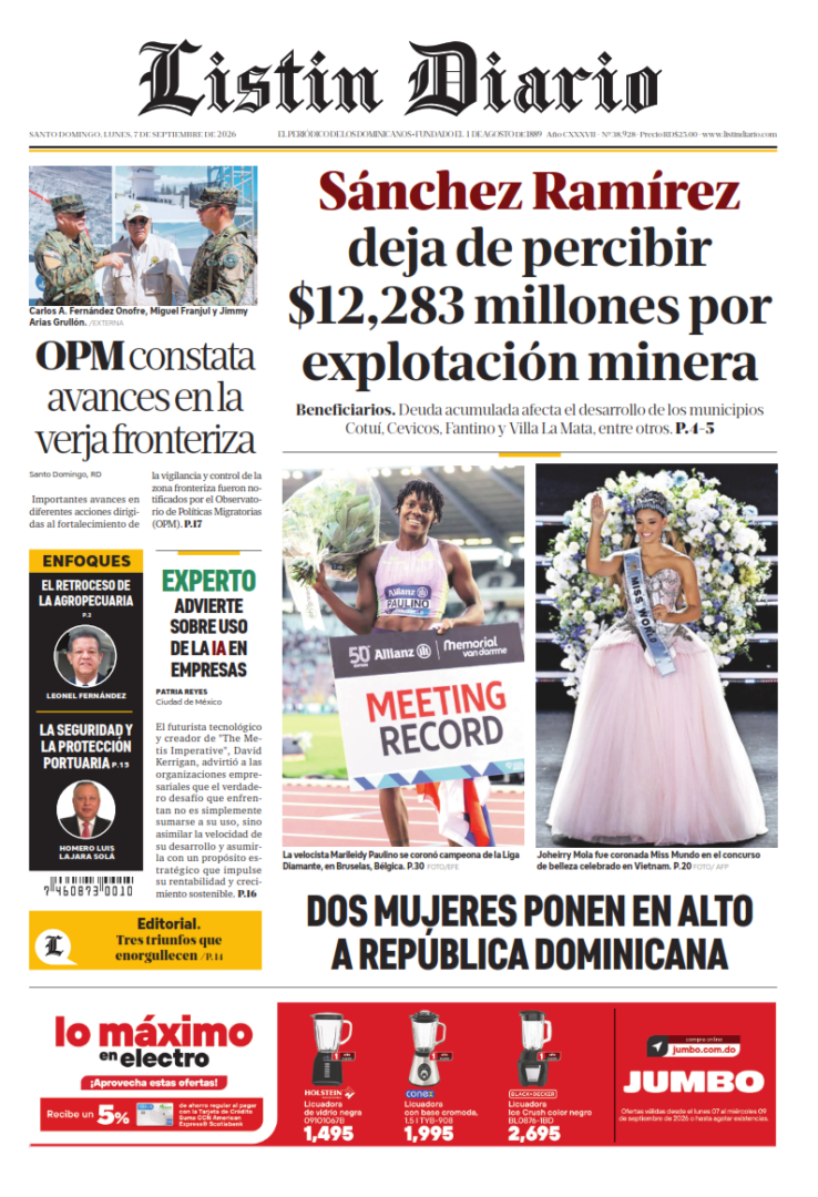 Portada Periódico Listín Diario, Lunes 7, Septiembre 2026