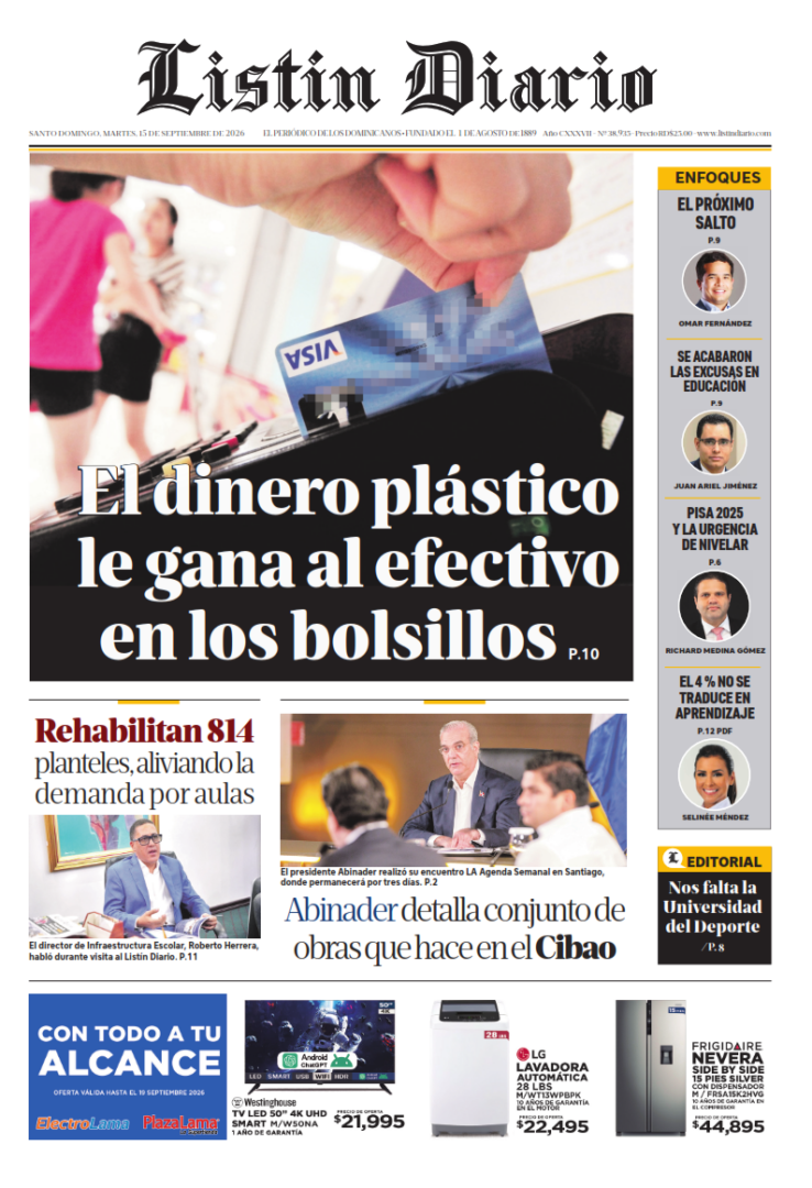 Portada Periódico Listín Diario, Martes 15, Septiembre 2026