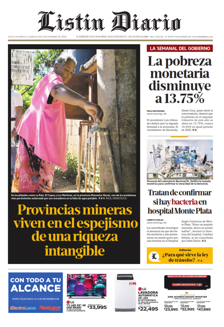 Portada Periódico Listín Diario, Martes 8, Septiembre 2026