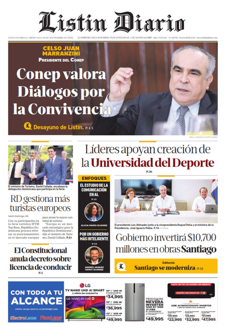 Portada Periódico Listín Diario, Miércoles 16, Septiembre 2026