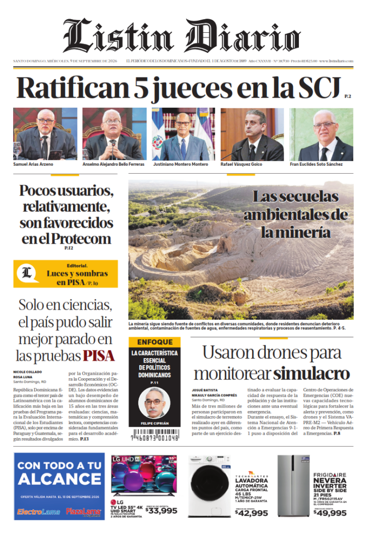 Portada Periódico Listín Diario, Miércoles 9, Septiembre 2026