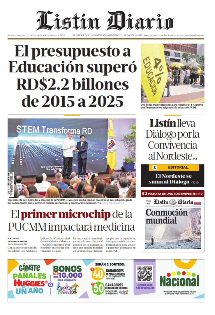 Portada Periódico Listín Diario, Viernes 11, Septiembre 2026