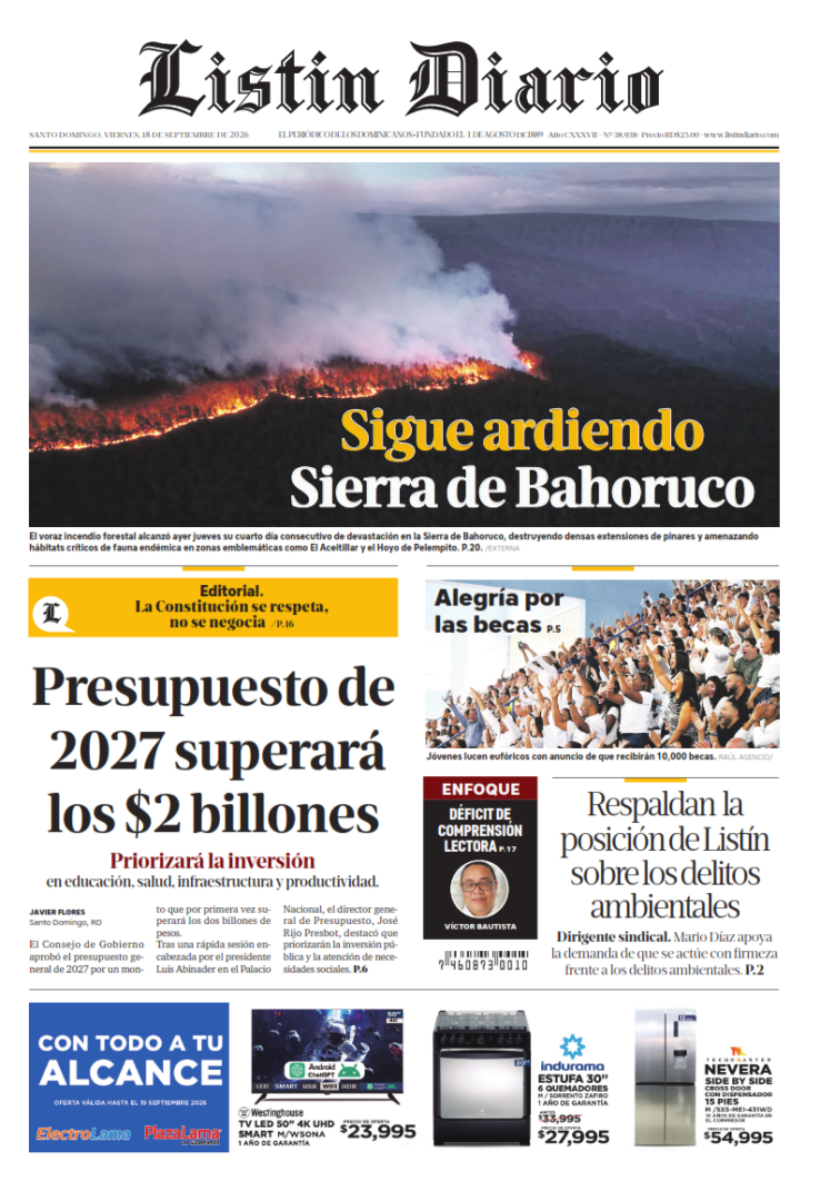 Portada Periódico Listín Diario, Viernes 18, Septiembre 2026 001