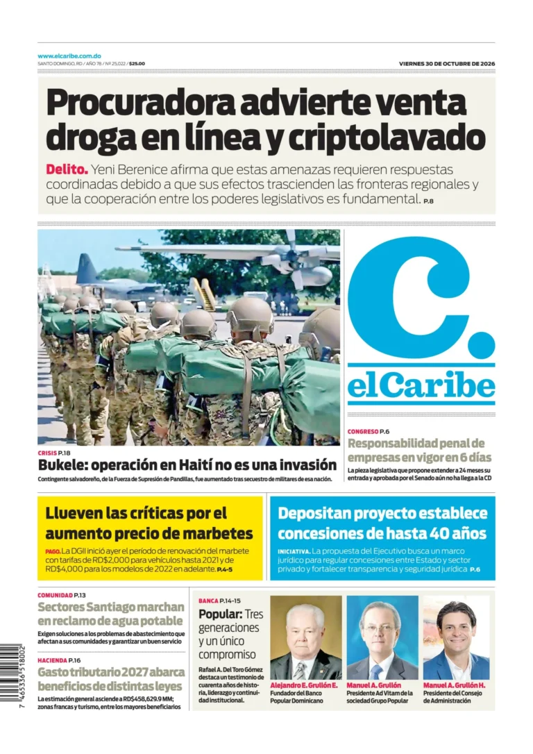 Portada Periódico El Caribe, Viernes 30, Octubre 2026